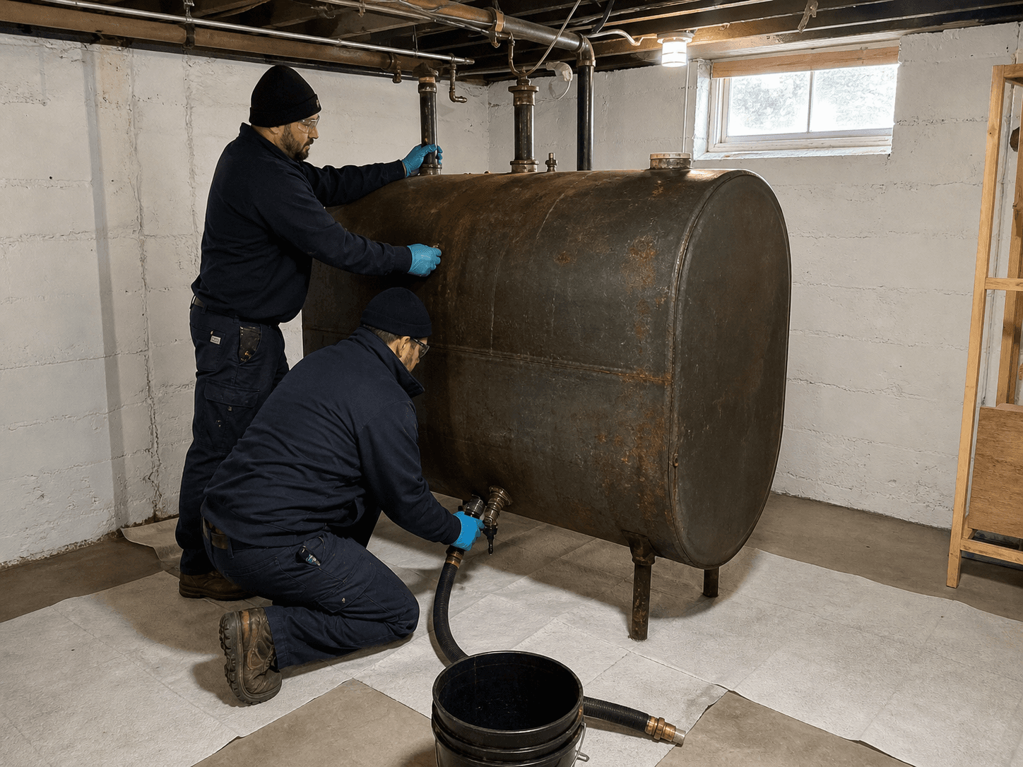 Contractors preparing a basement heating oil tank for removal