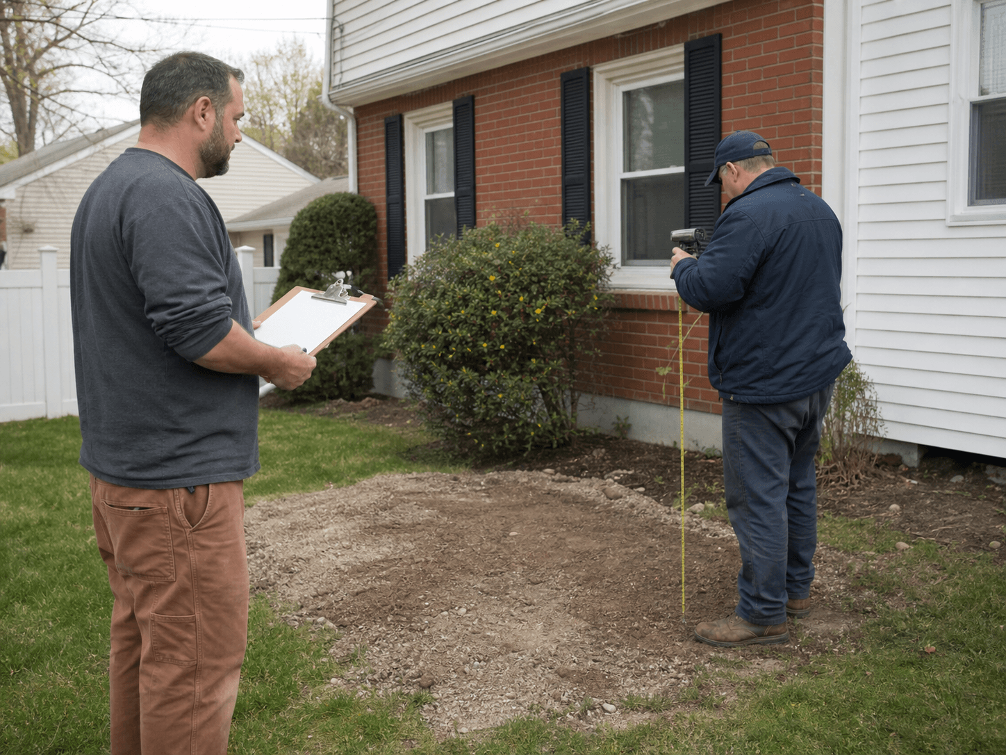 A contractor and inspector reviewing a completed residential oil tank removal