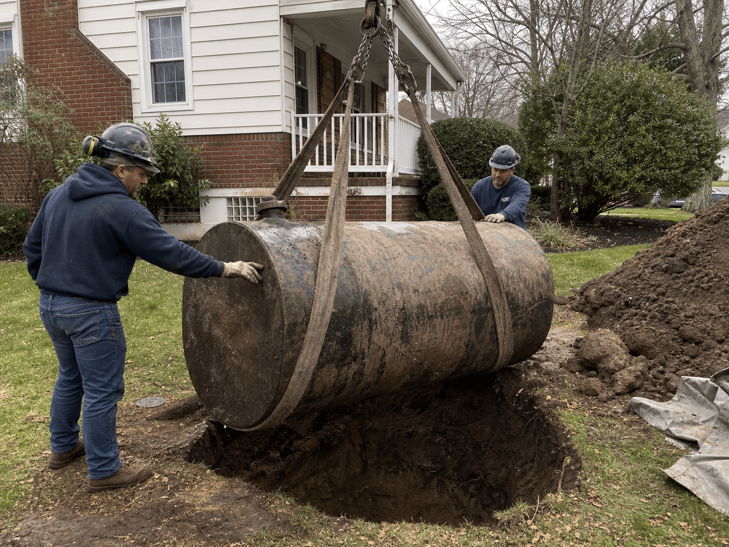 Contractors lifting an underground heating oil tank at a New Jersey home
